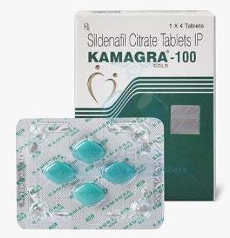 Kamagra Gold tablets packaging with blister pack containing four tablets.