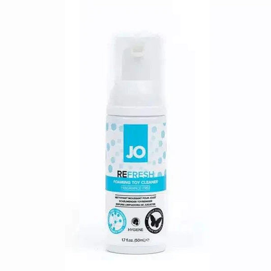 JO Refresh Foaming Toy Cleaner 50ml bottle, fragrance-free, gentle formula, ideal for cleaning intimate accessories.