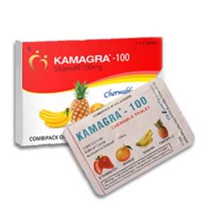 Kamagra Chewable Tablets pack with fruit flavor illustration.