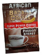 African Banana Coffee - Passion Energy packet, featuring cappuccino cup and coffee beans.