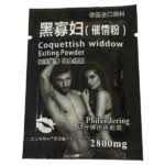 Coquettish Widow Exiting Powder packaging with product description and focus on libido enhancement.