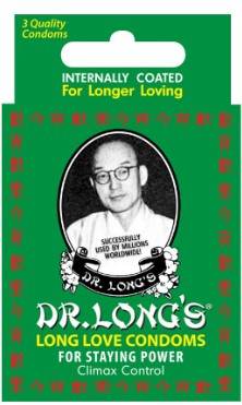 Dr Long's Long Love Condoms packaging with Chinese herbal paste for extended pleasure and climax control.