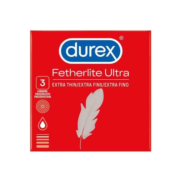 Condom Durex Fetherlite Ultra packaging, extra thin for greater sensitivity.