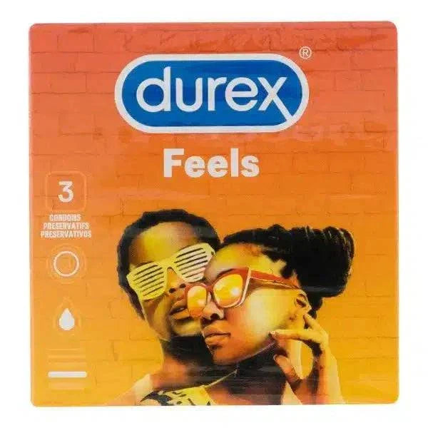 Durex Feels condoms packaging with vibrant design and branding.