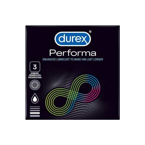 Durex Performance Condoms box with Benzocaine 5% for longer-lasting pleasure.