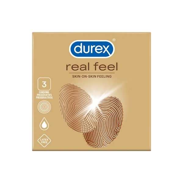 Durex Real Feel condom box with skin-on-skin feeling, non-latex material.