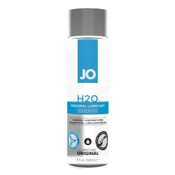 JO H2O Original Water-Based lubricant bottle with silver cap, featuring a silky-smooth formula for intimate use.