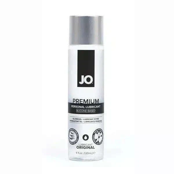 JO Premium Original Silicone Based lubricant bottle, 4 oz, non-glycerin, paraben-free, long-lasting, water-resistant.